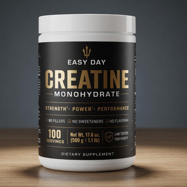 asy Day Creatine Monohydrate supplement container, 100 servings