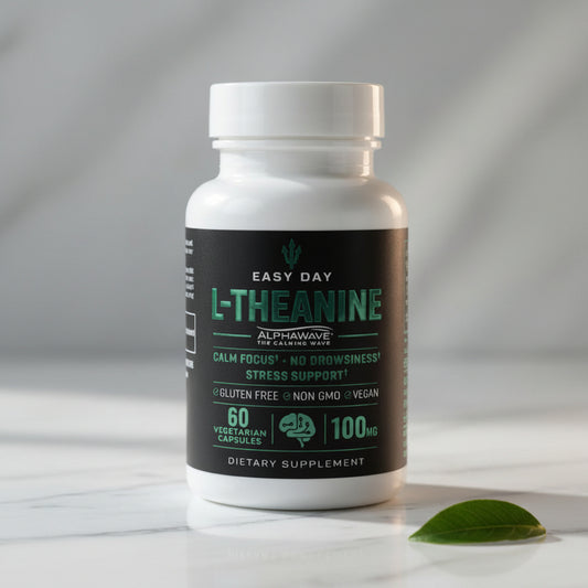 Supplement bottle labeled 'L-Theanine' on a reflective surface with a neutral background