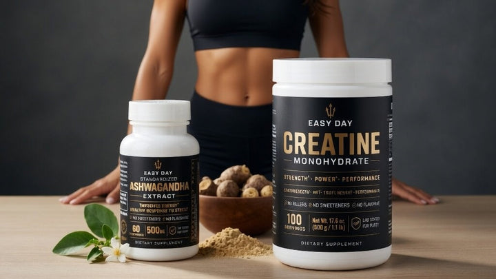 Woman standing behind dietary supplements on a wooden surface with a dark background