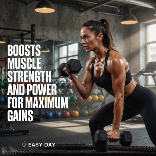 Woman lifting weights in a gym with text about muscle strength and power.