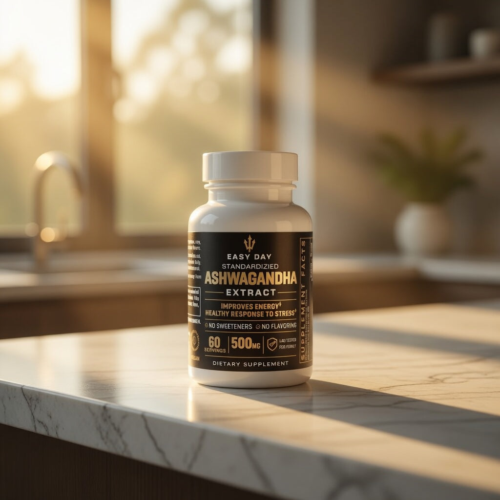 Bottle of Easy Day Standardized Ashwagandha Extract on a kitchen counter with a blurred background