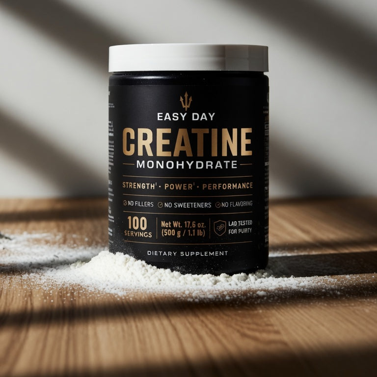 Black supplement container labeled 'Easy Day Creatine Monohydrate' on a wooden surface with salt crystals.